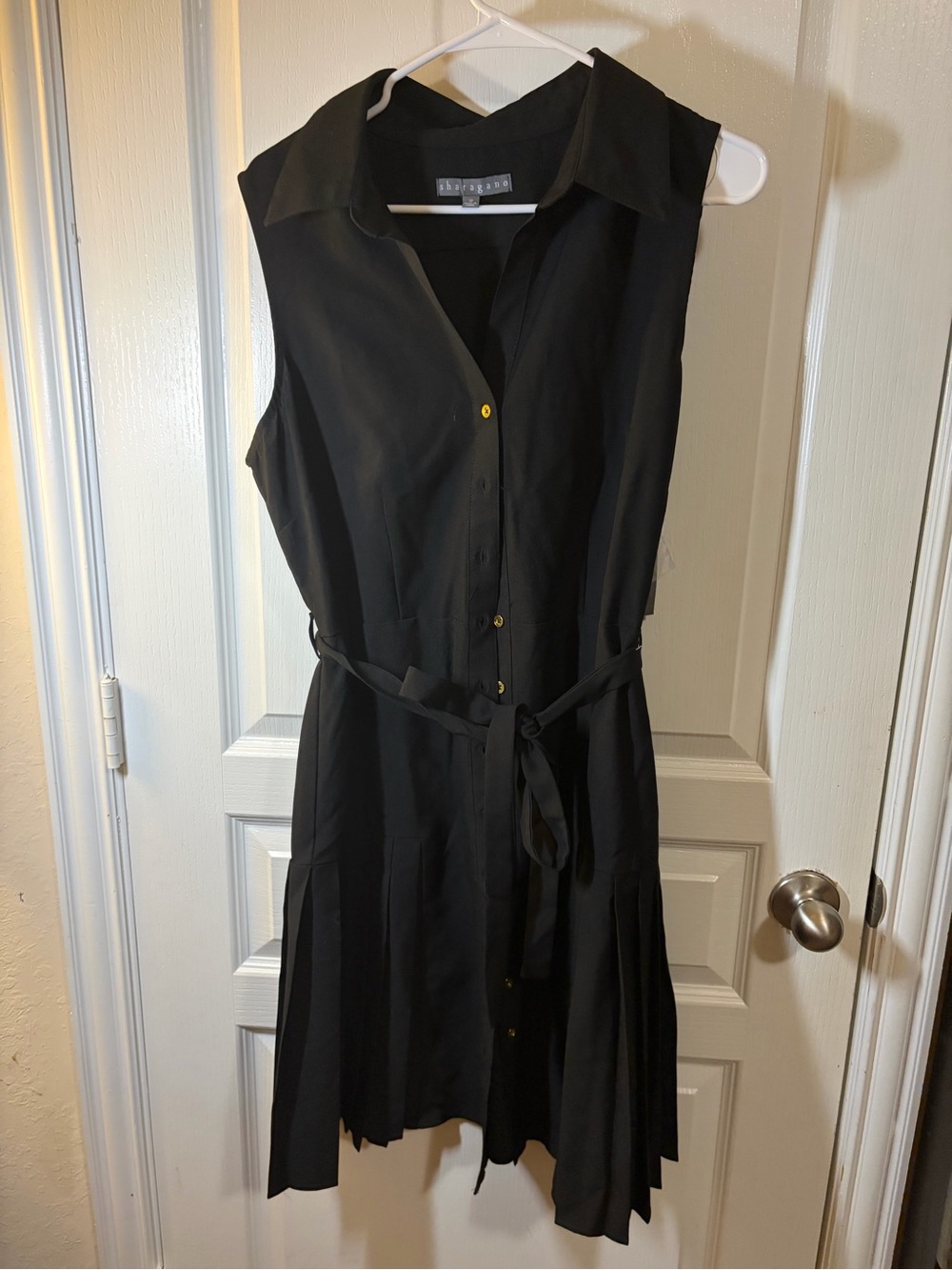 Sharagano Black Sleeveless Button-Front Midi Dress with Waist Tie
